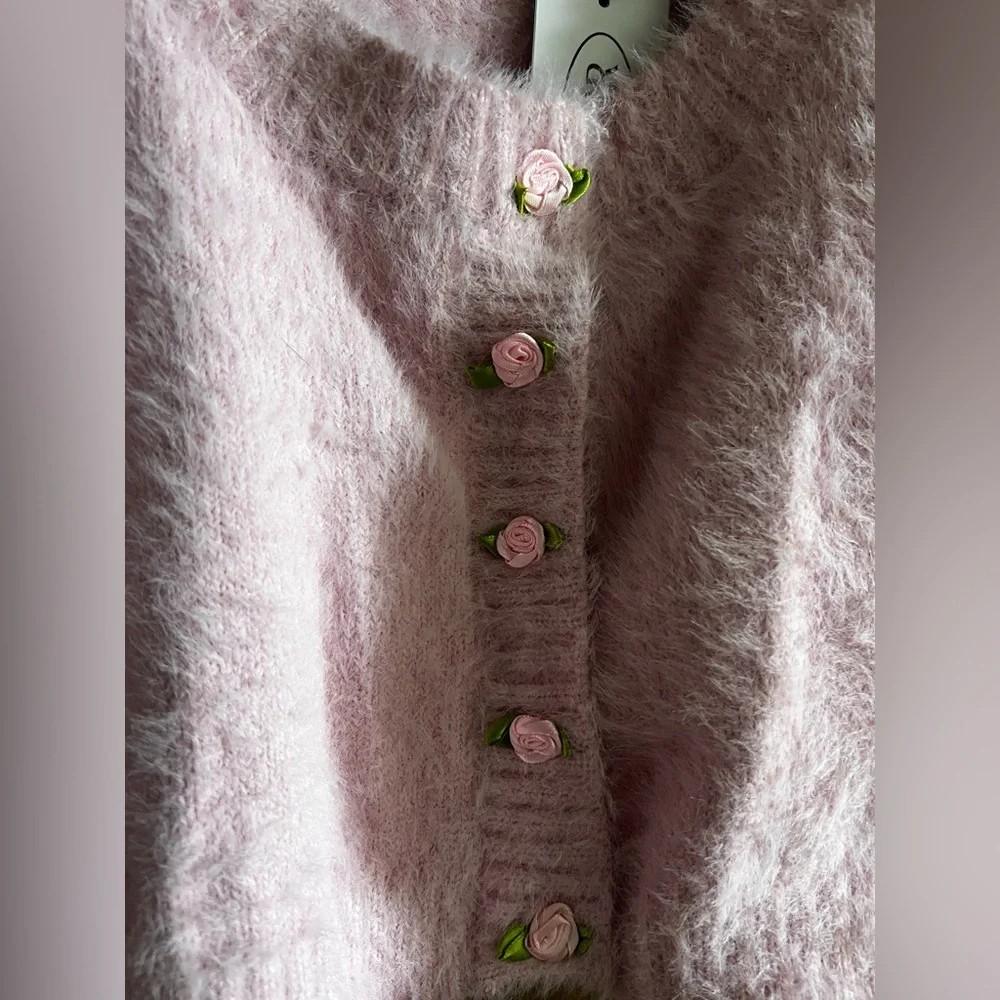 Cider Fuzzy 90s Rose Button Crop Sweater - Picture 2 of 6